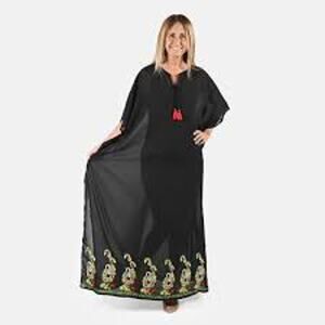 TAMSY Black Long V-Neck Mexi Kaftan with Doori & Tassels - One Size Fits Most